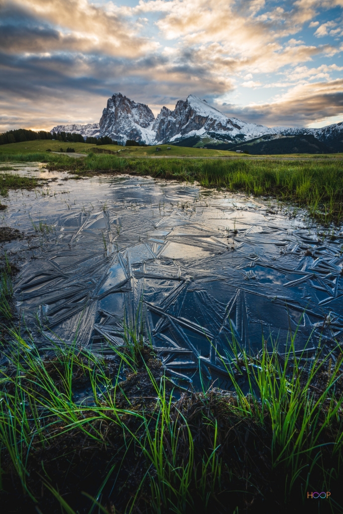 Sunrise at Seiser Alm plateau in Dolomites.